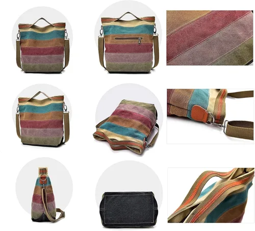 Vista 3 de Bolsa de hombro de lona para mujer, multicolor, casual, con asa superior, bandolera, Rayado, talla única