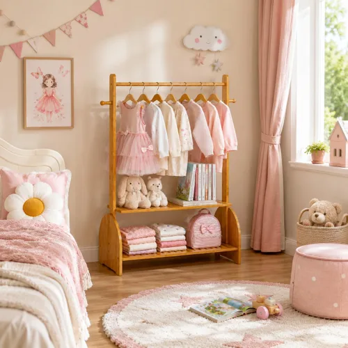 Vista 7 de BAMBOOHOMIE Perchero de ropa para niños con varillas ajustables, perchero de ropa para niños, bebés, mascotas, perchero para niños con 2 estantes