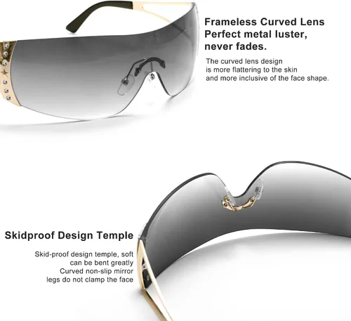 Vista 3 de NLORNLAW - Gafas de sol Y2K envolventes para mujeres y hombres, gafas de sol con parte superior plana, gafas de sol futuristas sin marco con lentes