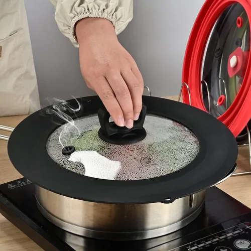 Vista 2 de Tapa universal de vidrio templado ventilado para sartén con borde de silicona resistente al calor, cubierta de tapa de salpicaduras de microondas