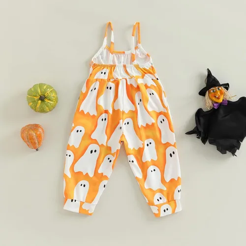 Vista 4 de Emmababy Enterizo de Halloween para niños y niñas pequeñas, con estampado de calabaza, fantasmacaricatura, gato, calabaza, sin mangas, 1-6T, overol
