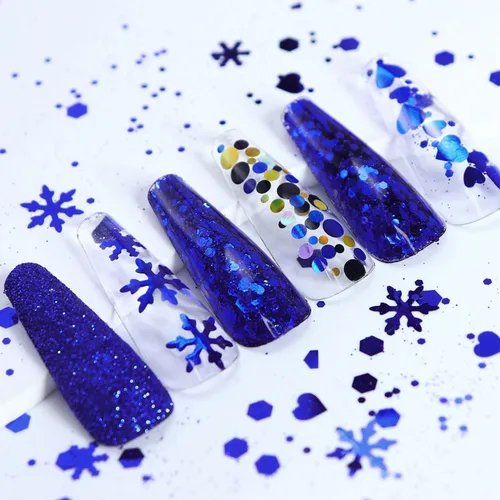 Vista 5 de Lentejuelas artísticas de uñas navideñas, copos de nieve azul holográficos, redondos, mariposa, corazón, copos de purpurina para decoración