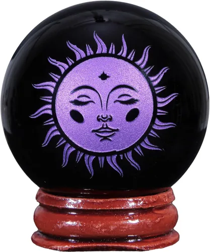 Vista 10 de Rockcloud Bola de meditación con esfera de piedra de obsidiana negra con base de madera para decoración del hogar