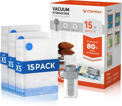 Vista 8 de ETENWOLF Bolsas de almacenamiento al vacío para viajes con bomba inalámbrica recargable, bolsas de sellado al vacío para ropa y viajes, bolsas
