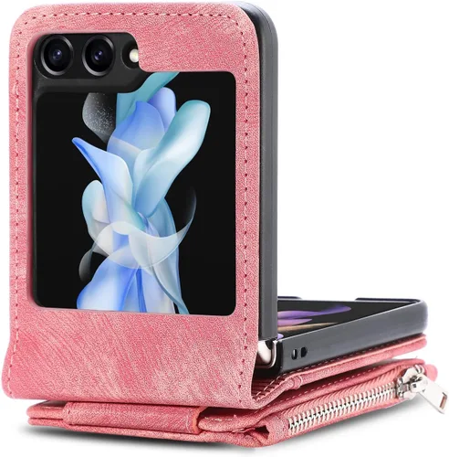 Vista 5 de Fundas para Galaxy Z Flip 5 Funda tipo cartera con tarjetero retro 2 en 1 con cremallera desmontable Flip Wallet Kickstand Premium PU Funda