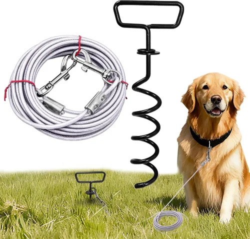 Vista 8 de Cable de amarre y estaca para perros de 20 pies, resistente para patio, correa de gancho con bloqueo, cable giratorio de 360° para perros medianos