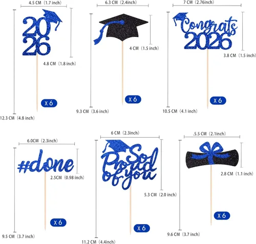Vista 2 de 36 adornos para cupcakes de graduación de clase 2026, con purpurina azul de doble cara para suministros de fiesta de graduación, decoraciones