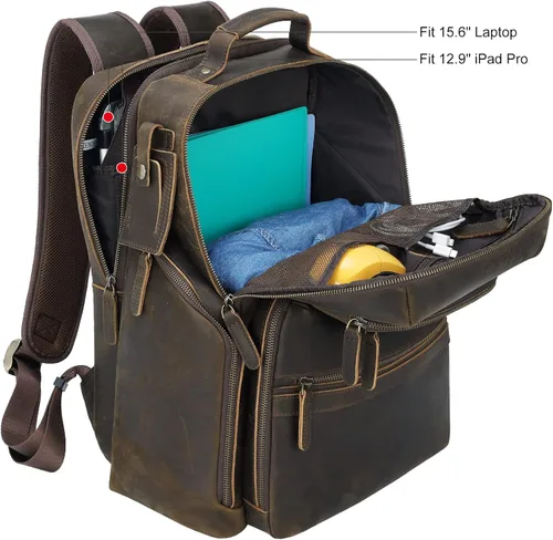 Vista 4 de TIDING Mochila para portátil de cuero vintage de 15.6 pulgadas para hombre, con múltiples bolsillos, mochila de viaje para negocios