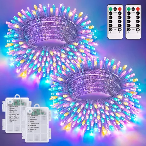 Vista 20 de JMEXSUSS Luces de Navidad multicolor que funcionan con pilas con 8 modos de control remoto, impermeables, 33 pies, 100 luces LED de Navidad