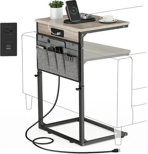 Vista 11 de Vagusicc - Mesa auxiliar en forma de C con estación de carga, mesa lateral de altura ajustable para sofá, mesa pequeña para sofá con laptop