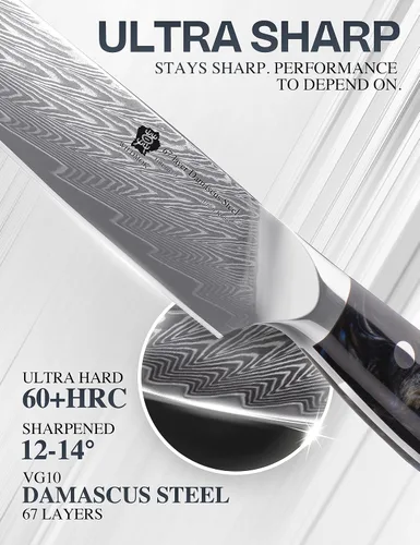 Vista 3 de WILDMOK Cuchillo de cocina de 5 pulgadas, Damasco Japón VG-10, cuchillo de cocina de acero afilado, mango ergonómico de resina de color, caja