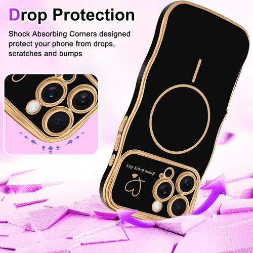 Vista 6 de Fiyart - Funda diseñada para iPhone 16 Pro, marco de onda lindo con forma rizada, corazones de amor chapados para mujeres y niñas, protección