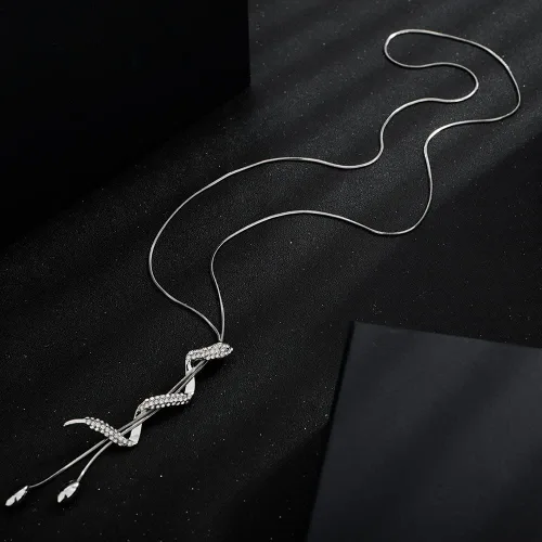 Vista 4 de Wiwpar Collar largo con colgante de perla de serpiente para mujer, suéter de diamantes de imitación de cristal, collar de cadena larga, ajustable