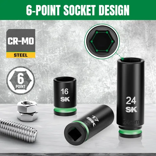 Vista 5 de SK Juego de dados de impacto de 1/2", 30 piezas de enchufes métricos, acero CR-MO