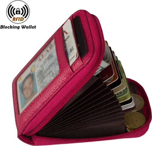 Vista 4 de Billetera con cierre de cuero genuino con tarjetero con bloqueador de señal RFID, S, Rojo rosa