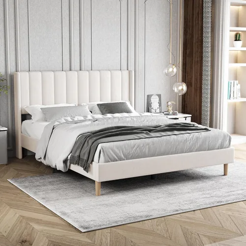 Vista 30 de Base de cama tapizada de tamaño individual con cabecero, listones de madera fuertes, no necesita somier, fácil montaje, terciopelo beige