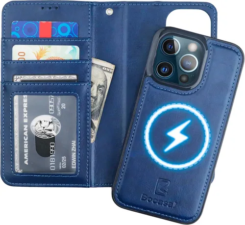 Vista 13 de Bocasal Funda tipo cartera desmontable para iPhone 13 Pro con bloqueo RFID, ranuras para tarjetas, soporte de cuero PU premium con soporte magnético