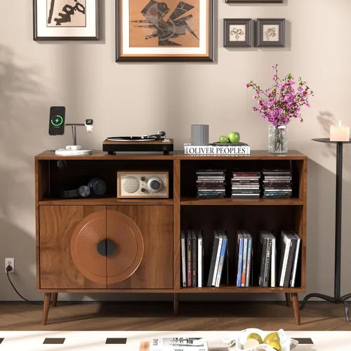 Vista 7 de Fiogmub Soporte grande para tocadiscos, soporte giratorio de mediados de siglo con puerta, mesa para tocadiscos con capacidad para hasta 350