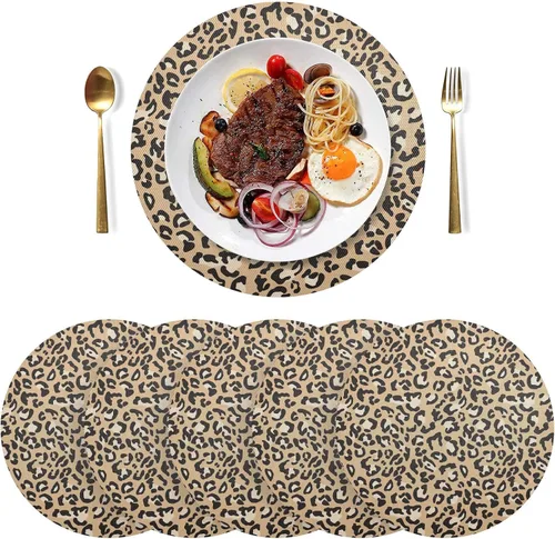 Vista 3 de Leopard Print Brown Round Placemat, Non Slip Washable Placemats Round Table for Kitchen Table (one Sizex1)