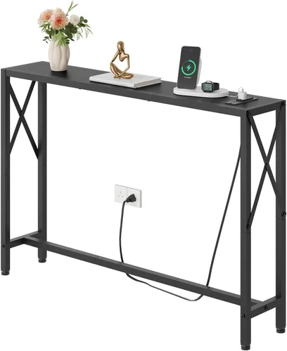 Vista 9 de Gewudraw - Mesa de sofá estrecha de 55.1", mesa consola con tomas de corriente y puertos USB, mesa de entrada, mesa de sofá industrial para pasillo