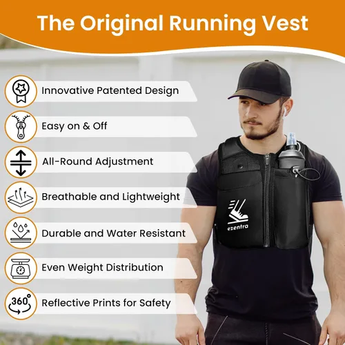 Vista 5 de Chaleco de correr con cremallera, chalecos reflectantes para correr con 6 bolsillos, botella de hidratación de 16.9 fl oz, pecho y cintura