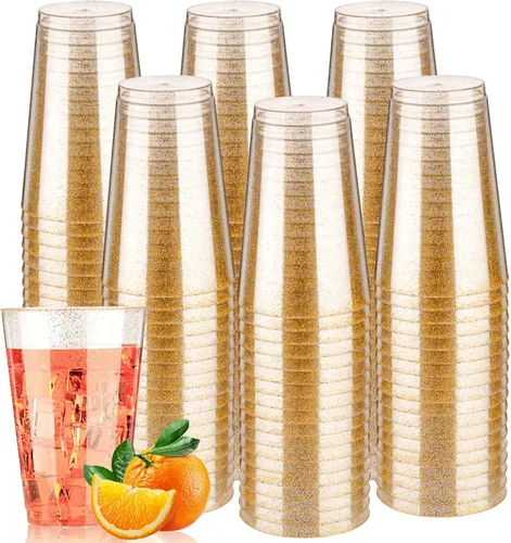 Vista 11 de Goodluck 50 vasos de plástico con purpurina dorada de 10 onzas, vasos desechables con purpurina, elegantes vasos de cóctel de plástico, vasos