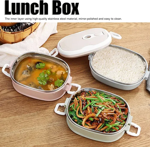 Vista 3 de LIZEALUCKY Caja Bento Contenedor de alimentos aislado con asa plegable, lonchera caliente apilable portátil de acero inoxidable aislada lonchera