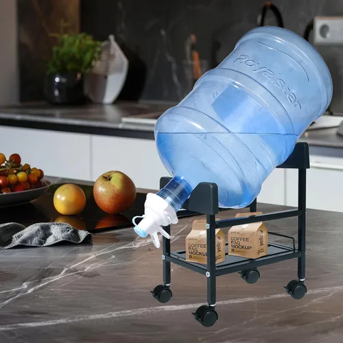 Vista 7 de Soporte para jarra de agua de 5 galones con ruedas y estante de almacenamiento, estante dispensador Heavy duty metal stand with 4 casters. 2.15