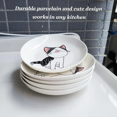 Vista 7 de Juego de 5 platos de cerámica con bonito diseño de gato, platos llanos grandes de porcelana para ensalada de postre de 7.28 pulgadas, platos