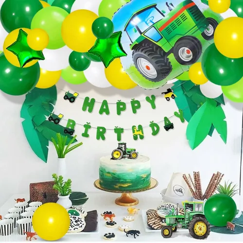 Vista 4 de Kit de guirnalda de globos de color verde oscuro, amarillo y blanco, 117 globos de tractor verde lima, amarillo y blanco, fiesta de cumpleaños