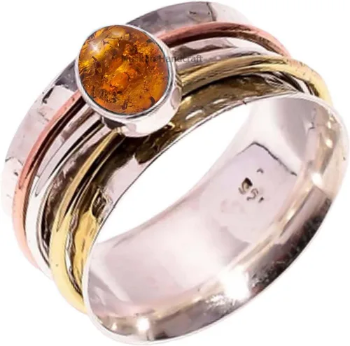 Vista 9 de Anillo giratorio hecho a mano de plata de ley 925 / anillo giratorio martillado / anillo giratorio de 3 tonos/anillo de banda bohemio/anillo