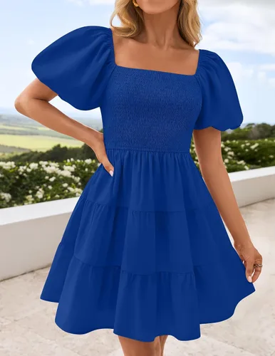 Vista 8 de ZESICA Mini vestido corto de verano bohemio 2025 con cuello cuadrado, manga abombada, hombros descubiertos, fruncido, escalonado, casual