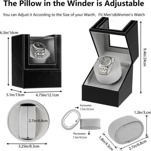 Vista 5 de Automatic Single Watch Winder with Quiet Japanese Motor,AC Adapter or Battery Powered,Premium Leather Exterior and Soft Flexible Watch Pillows for