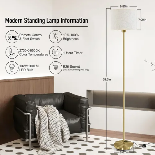 Vista 3 de Lámparas de pie para sala de estar, lámpara de pie regulable sin pasos con control remoto, 2700 K-6500 K colores, temperatura y brillo ajustables