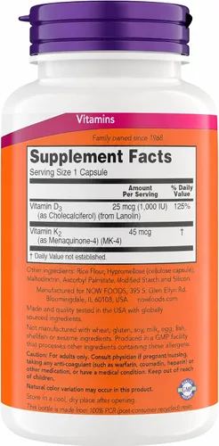 Vista 2 de NOW Supplements Vitamina D3 K2, 1,000 IU/45 mcg, Apoyo Cardiovascular, Apoya la Salud Ósea, 180 Cápsulas Vegetarianas - Veganas, Sin Gluten, Kosher