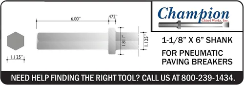 Vista 2 de Champion Chisel, herramienta de buje de acero con vástago hexagonal de 1-1/8 x 6 pulgadas, 16 dientes de acero, diseñada para martillos neumáticos