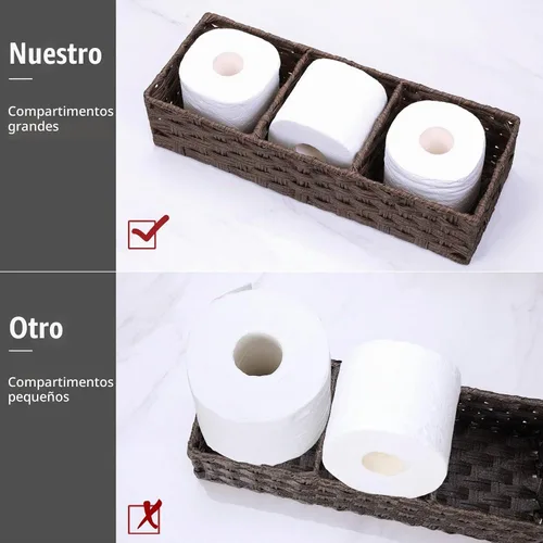 Vista 2 de [Compartimentos más grandes] Cesta de papel superior del tanque de inodoro - Cesta de mimbre de plástico multiusos tejida a mano con divisor