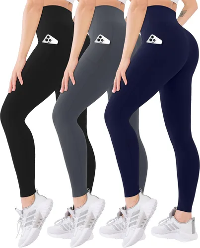 Vista 27 de Blisset - Paquete de 3 leggings de cintura alta para mujer con bolsillos, pantalones suaves y activos para control de abdomen, ideales para yoga