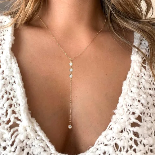 Vista 2 de Tewiky Lariat Collar para mujer, delicados collares largos chapados en oro de 14 quilates, corazón y perlas de circonita cúbica, collar con colgante