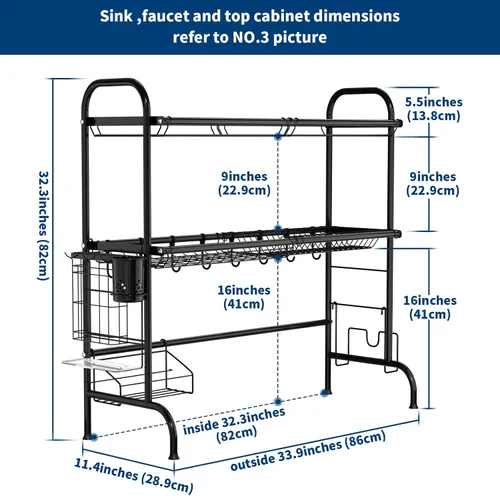 Vista 4 de MOUKABAL Escurridor de platos – Escurridor de platos de acero inoxidable (longitud expandible), escurridor grande de 2 niveles con soporte