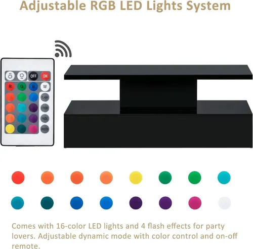 Vista 6 de Quarte Mesa de centro de estilo moderno de 2 niveles con iluminación LED de 16 colores, mesa de cóctel con control remoto y gran lugar
