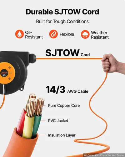 Vista 76 de VEVOR Carrete de cable de extensión retráctil de 25 pies resistente 14AWG Rojo