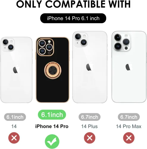 Vista 7 de Hython - Funda para iPhone 14 Pro con soporte de anillo [soporte magnético de anillo giratorio de 360°] [soporte para montaje en coche] Borde dorado