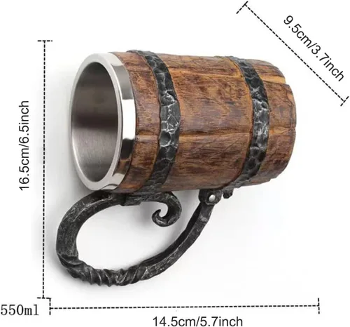 Vista 4 de Taza de cerveza de madera, barril de cerveza, taza vikinga grande estilo de madera, jarra de cerveza con asa, regalos antiguos para hombres, bares