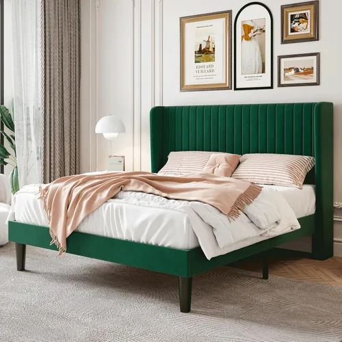 Vista 21 de SHA CERLIN - Marco de cama de terciopelo tamaño matrimonial, cabecera con alas copetudas, color negro 47'' Modern Vertical Channel Headboard