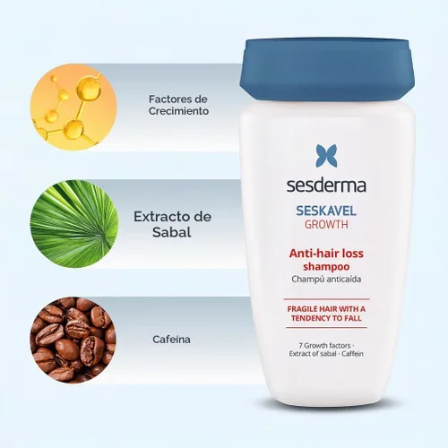 Vista 4 de Sesderma SESKAVEL Champú anticaída de 8.45 onzas líquidas Fórmula con factores de crecimiento Tratamiento capilar con extracto de sabal