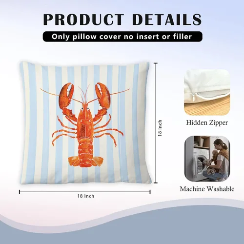 Vista 7 de Fundas de almohada costeras de langosta, fundas de almohada náuticas de langosta roja de Nueva Inglaterra con rayas azules y blancas para casa