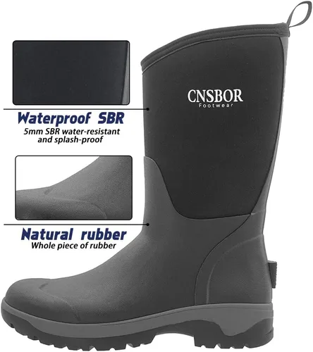 Vista 3 de CNSBOR Botas impermeables de goma aisladas para hombre, botas de lluvia de neopreno para exteriores Negro