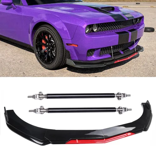 Vista 11 de Alerón divisor de labio de parachoques delantero + varillas de puntal de poliuretano negro brillante + rojo compatible con Do-dge Challenger SRT SXT