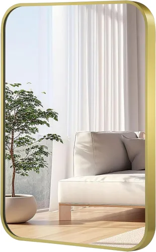 Vista 16 de Espejo de baño de níquel cepillado de 16 x 24 pulgadas, espejo rectangular enmarcado con esquina redondeada, espejo cepillado, espejo de baño